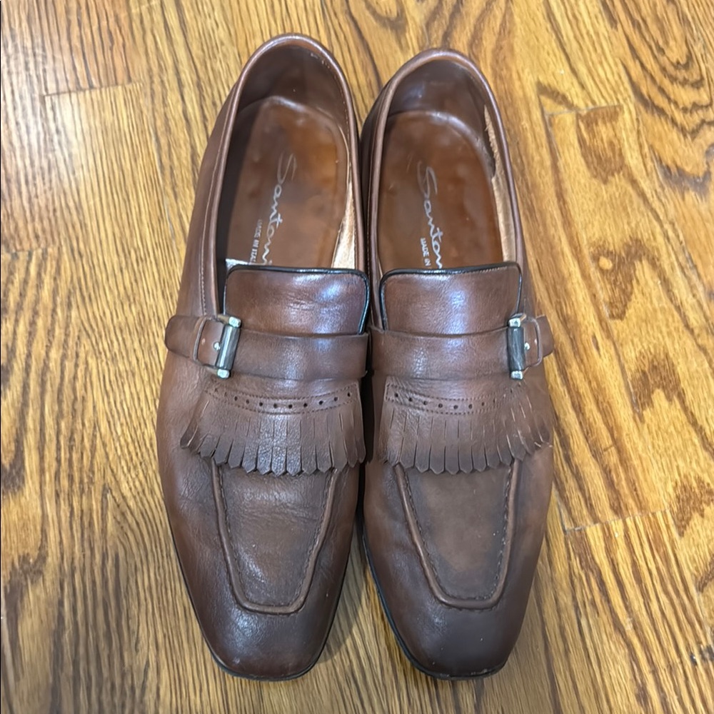 Santoni Tan Leather Men's Slip-On Loafers fringe leather sole 10.5